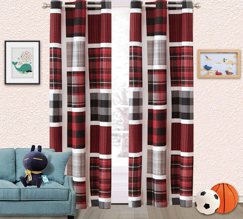 Sapphire Home Kids Boys Teens 2 Window Curtain Panels, 84" Long, Black Red Gray Plaid Design
