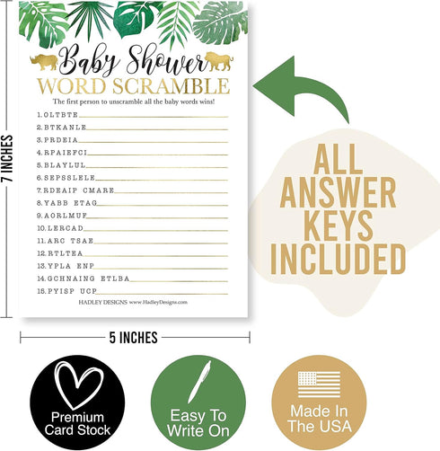 Hadley Designs Hilarious Baby Shower Games Set – 25 Double-Sided Cards for 25 Guests, Word Scramble, True or False