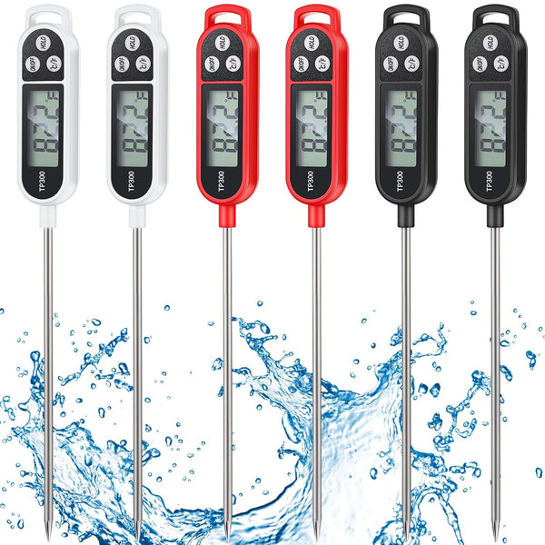 6 Pcs Instant Read Meat Thermometer with Long Probe, Waterproof Digital Thermometer for Kitchen Cooking (Black, White,