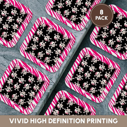 Cute Black Skulls with Bows on Pink Zebra-Soft Coasters, 3dRose cst_61793_2, Set of 8