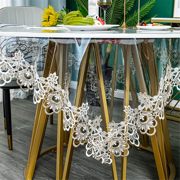 Jeloris Plastic Clear Round Tablecloth Vinyl PVC Waterproof Tablecloth Embroidered Lace Edge
