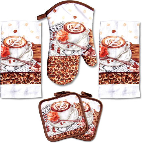Lobyn Value Packs: 5-Piece Café Latte Kitchen Towel Set - Quilted Oven Mitt & 2 Potholders
