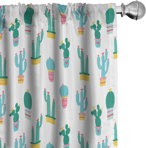 Ambesonne Cactus Window Curtains, Cartoon Prickle Plants in Pots, Lightweight 2-Panel Set with Rod Pocket, Teal Green