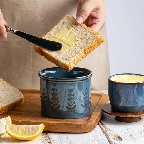 Countertop, Ceramic Butter Dish with Lid, Butter Crock for French Butter Keeper, Elegant Embossed Pattern, Blue