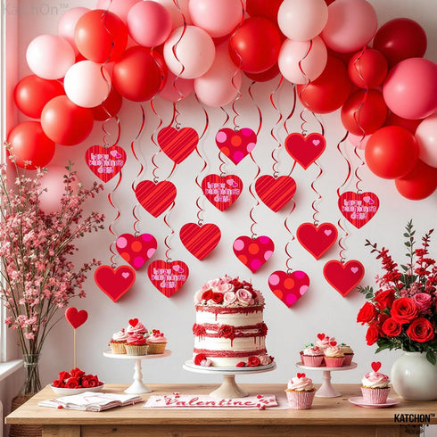 KatchOn Red Hearts Valentines Hanging Decorations - Pack of 30, No DIY, Indoor Hanging Hearts Decor