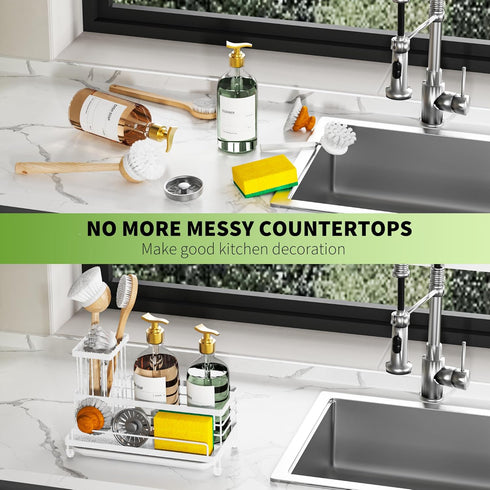 Cisily White Sink Caddy, Kitchen Sink Organizer with Removable Drip Tray, 304 Stainless Steel Dish Soap Holder