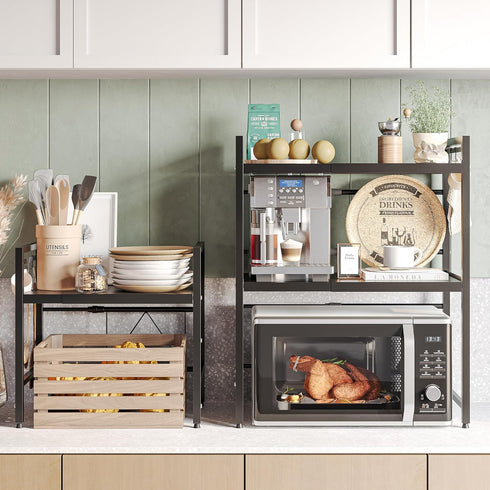 NETEL Expandable Microwave Stand, 2 Tier Metal Kitchen Organizer Shelves with 8 Hooks