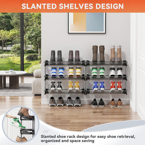 3 Tier Narrow Shoe Rack with Hook and Loop Sticky Adhesive Strips Shoe Shelf for Wall Mounted Slim Shoe Rack Space