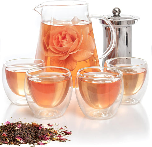Mixpresso 5 Piece Glass Tea Pot Set - Kettle with Removable Infuser, Clear Teapot 33oz with 4 Double Wall Cups
