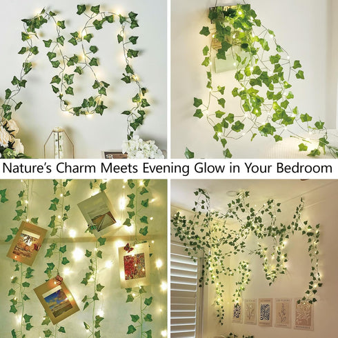 23FT 73 Ivy Vine String Lights, LED Lighted Garland with Green Leaves, USB & Battery Powered, Room Wall, Dorm, Bedroom