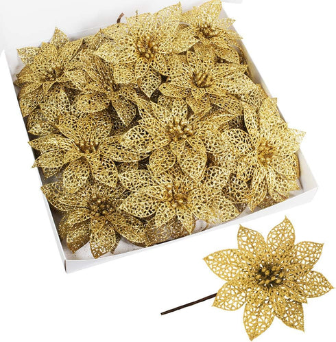 Supla 24 Pack Christmas Gold Glitter Poinsettia Flowers Picks, 5.9" Wide Christmas Tree Ornaments for Holiday
