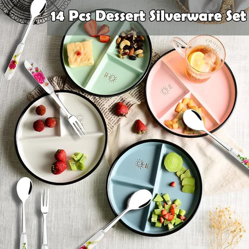 14 Pcs Dessert Forks and Spoons Set, Stainless Steel Cutlery with Porcelain Handles for Cake, Tea, Pastry, Dessert,