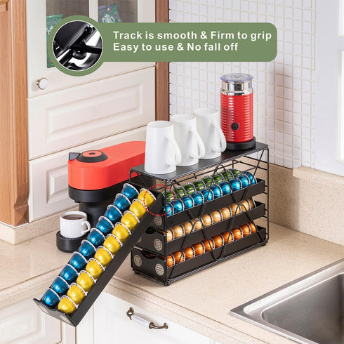 FlagShip Nespresso Pod Holder Drawer, Large Multi-Tier Coffee Pod Holder for Vertuo (4 Tier, 80 Pods Capacity)