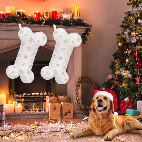 Malier Pet Dog Christmas Stocking, Large Faux Fur Bone Shape Hanging with Silver Snowflakes for Pets