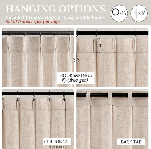 54 Inches 2 Sets, Pinch 40"Wx54"L Natural Linen Small Kitchen Curtains Long Panels Light Filtering Memory Trained