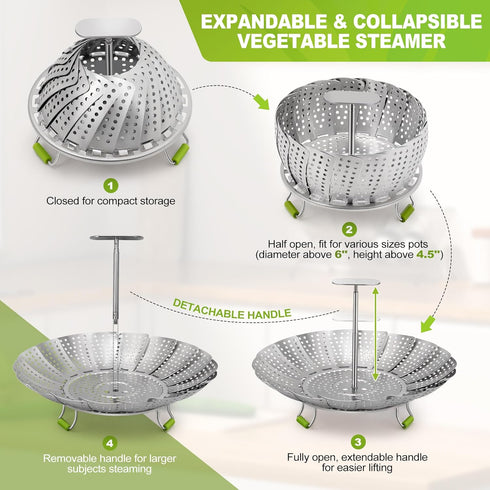 Steamer Basket, 3rd Generation Stainless Steel Vegetable Steamer with Extendable Handle for Cooking Food, Folding & Expandable Veggie Steamer Insert, Fit Various Size Instant Pot (5.5" to 9")