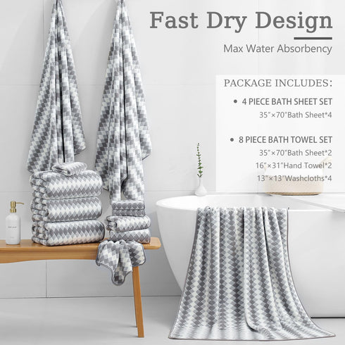 Set 4Pack-35x70 Towel,600GSM Set Bath Towel Gray Ultra Soft Microfibers Bathroom Towel Extra Large Plush Bath Sheet
