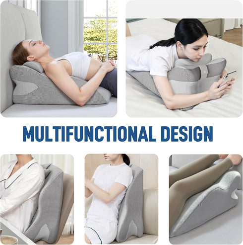 Memory Foam Wedge Reading Pillow for Bed, Adult Ergonomic Back Pillow with Adjustable Headrest, Bed Pillow for Sitting