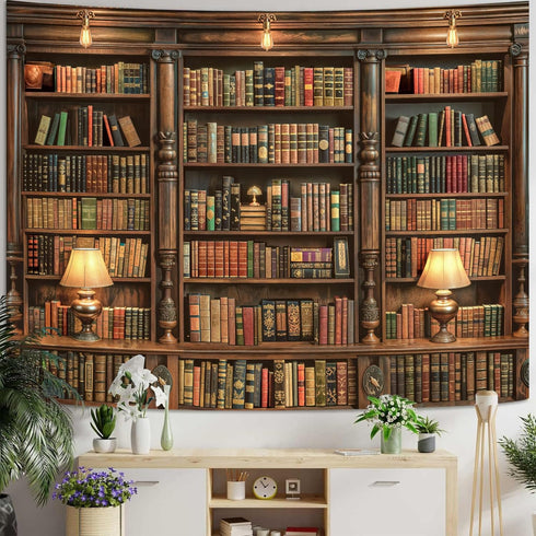 Spenlife 6080 Inches Bookshelf Tapestry Wall Hanging Vintage Library Wall Tapestry, Old Books on Shelf Classical Study