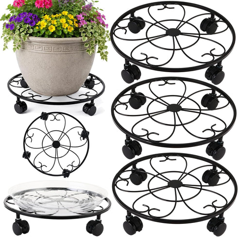 DEELF OUTLET 3 Packs 13 inches Large Metal Plant Caddy with Wheels Round Planter