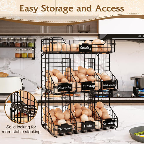 X-cosrack Countertop, 3 Countertop/Wall-Mounted Egg Holder Tier Egg Rack with Labels Dividers to Separate Eggs