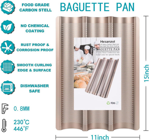 Hesanzol Baguette Pans for Baking, 15" x 11" Carbon Steel Nonstick Tray for French & Italian Bread