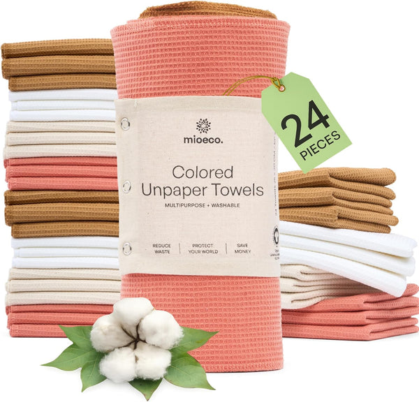 mioeco 24 Pack Multicolored Reusable Paper Towels - Nature Friendly - Organic