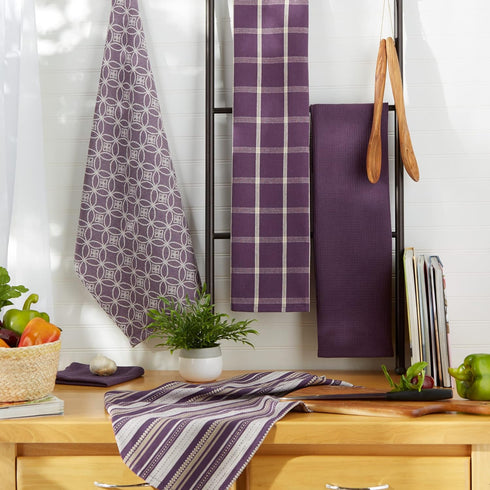 DII Assorted Woven Kitchen Set, 5 Piece - Dishtowel 18x28, Dishcloth 13x13, Eggplant