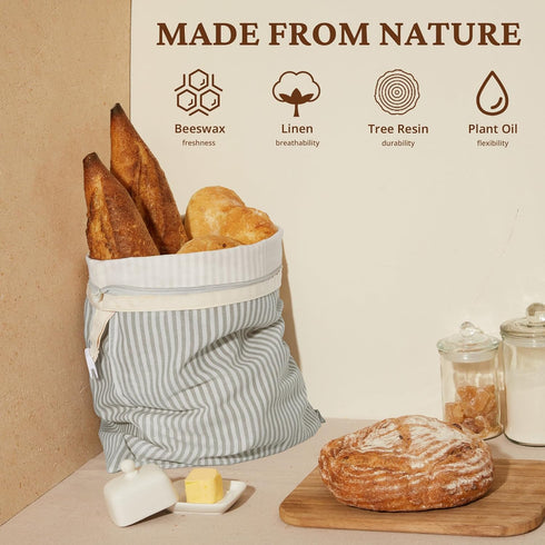 2-Pack 17x12.6in, BRONYPRO Reusable Beeswax and Linen Bread Bags with Zipper, Waxed Bread Bags for Homemade Bread