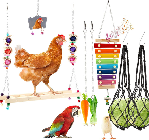 CHNB 8PCS Chicken Toys for Coop Accessories, Chicken Swing, Xylophone, Mirror, Vegetable Hanging