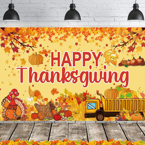 Famoby Happy Thanksgiving Fabric Sign Poster Banner, Pumpkin Turkey Maple Leaf Pattern for Photo Booth