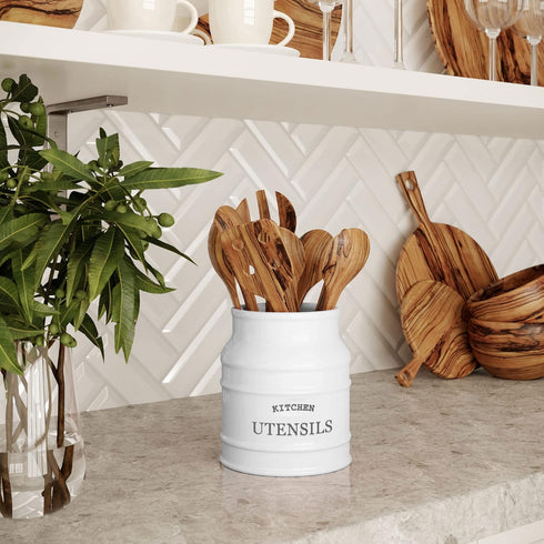 Barnyard Designs Ceramic Farmhouse Utensil Holder for Kitchen Counter, Large Rustic Utensil Crock, 6.75” (White)