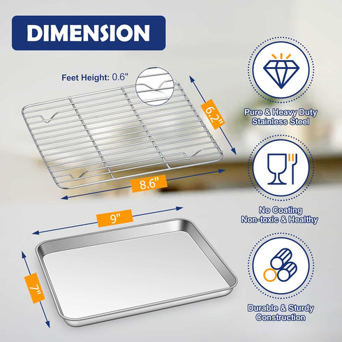 Joyfair Toaster Oven Baking Pan with Rack, 9”x 7” Stainless Steel Small Baking Tray and Cooling Rack Set, Great for Cookies/Bacon/Steaks, Non Stick & Dishwasher Safe, Rust Free & Non Toxic, Durable