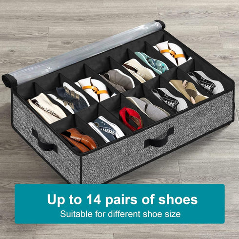Under Bed Shoe Storage Organizer, 2 Pack Fits 32 Pairs, Clear Window, Foldable Shoe Rack Holder, Black