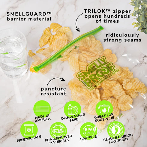 Smelly Proof Reusable Food Storage Bags, Clear FLAT Large 3-mil Thick, 8.5" x 10", Quart Size Ziplock Bags, 10-Pack
