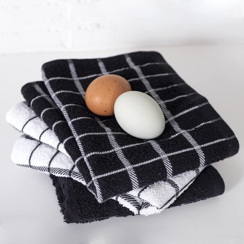 Ritz Premium 100% Cotton Terry Check Kitchen Dish Towels - 3-Pack, Highly Absorbent, 25"x15", Black