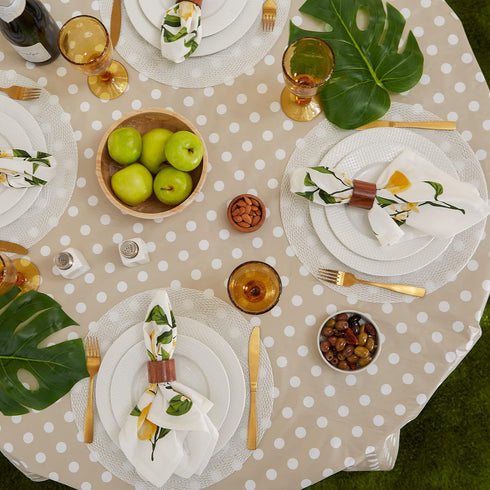 DII Vinyl Tabletop Collection Flannel Backed Polka Dot Tablecloth - 70" Round, Natural