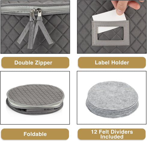 Stack Store Plus More China Storage Quilted Case for Dessert Plates, Bowls, Small Plates, Gray, 8" W x 6" H