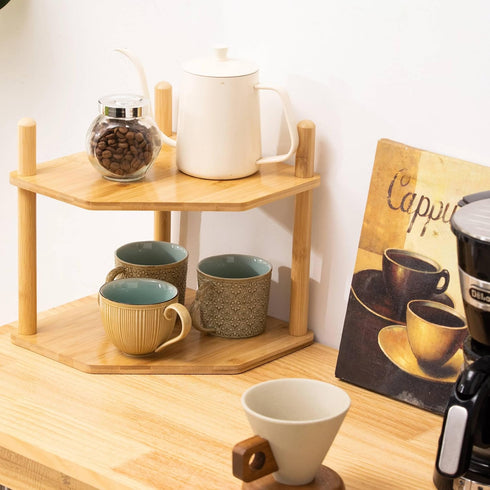 2Pcs 2-Tier Counter Expandable Bamboo Corner Shelf - Dish/Plate Organizer for Cabinet, Kitchen Shelf & Small Kitchen