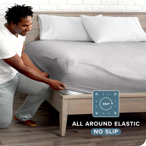 Bare Home Fitted Bottom Sheet Queen, Premium 1800 Microfiber, Ultra-Soft, Light Grey