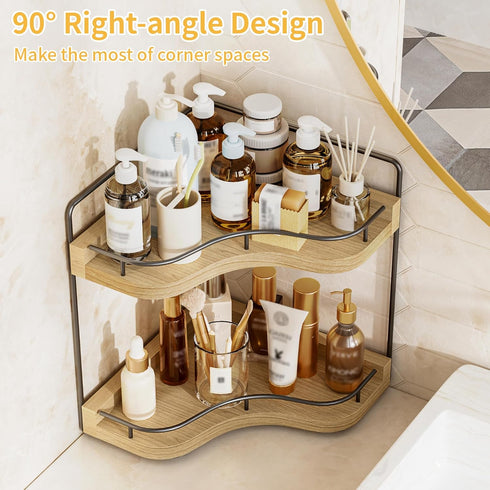 Aollewoiti 2-Tier Counter Countertop Corner Bathroom Organizer with Embedded Screw Holes, Secure & Stable Wood Vanity