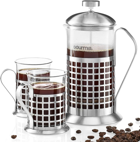 Gourmia GCM9830 French Press Coffee Maker Set - 600 ml Brewer with 2 Matching Stainless Steel Drinking Cups