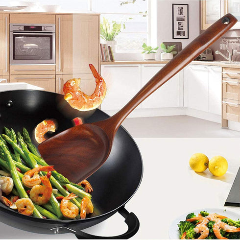 FJNATINH Wooden Wok Spatula Ladle Tool Set, 14-inch Long Handle Teak Spatula