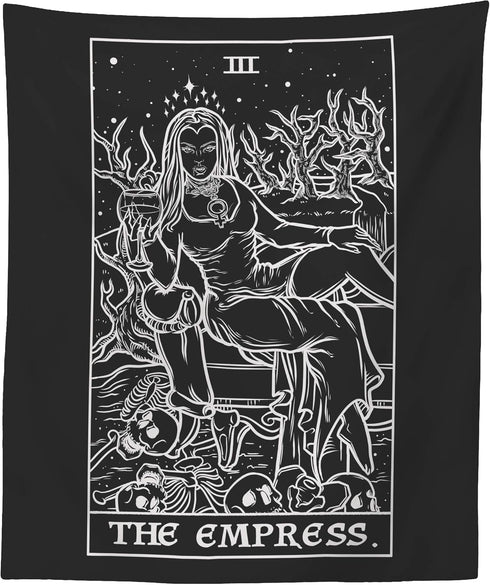 The Empress Tarot Card Tapestry (Black & White) - Gothic Halloween Home Decor Wall Hanging, Female Vampire (60" x 50")