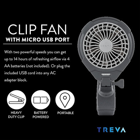 Treva 5 Inch Two Speed Battery & USB Powered Clip On Fan, Slim and Portable, Gray