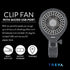 Treva 5 Inch Two Speed Battery & USB Powered Clip On Fan, Slim and Portable, Gray