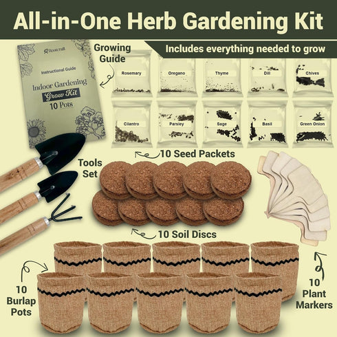 10 44pcs Set Herb Garden Planter Indoor Kit, Complete Kitchen Herb Starter Including Burlap Pots, Markers, Soil Discs