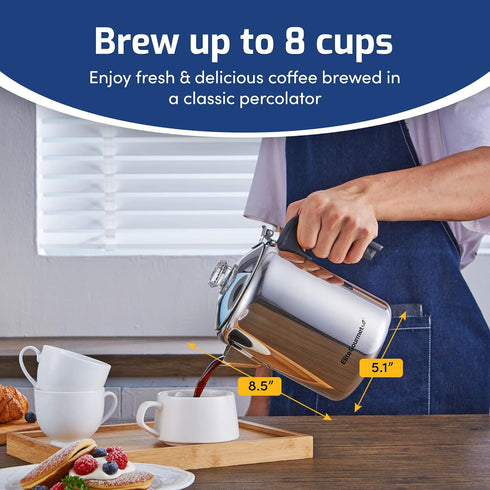 Elite Gourmet EC008 Classic Coffee Percolator, 8-Cup, Stainless Steel, Glass Knob, Cool-Touch Handle