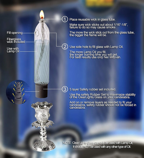 Ner Mitzvah Glass Paraffin Shabbat Candle Holder Cup & Wick, Lined Candle Shape, 2 Pack, 4”H (10cm)