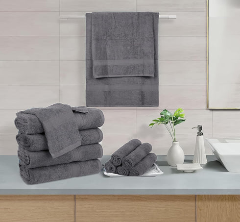 600 6 Set- 2 2 2 HILLFAIR Premium GSM - Piece Towel Bath, Hand & Washcloth - Grey Cotton Bath Towels - Machine